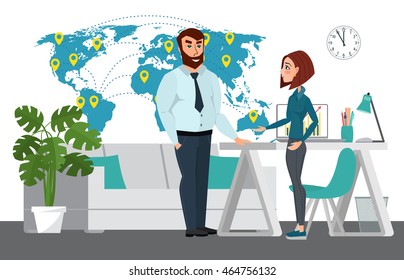 Business professional work team. Map of world business. Businessman and businesswoman are talking. Vector creative illustrations flat design. Worker people Man and Women.