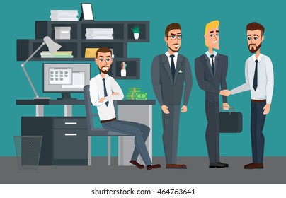 Business professional work team. The meeting of businessmen Vector creative illustrations flat design. Worker people.