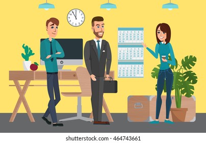 Business professional work team. People Meeting Discussing Office Desk. Vector creative illustrations flat design. Worker people Man and Women.