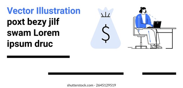 Business professional working on a laptop, large money bag symbol with dollar sign, and placeholder text. Ideal for financial services, business strategy, online education, marketing, e-commerce