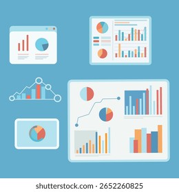 Business Professionals Analysing Data Charts and Graphics on Blue Background - Flat Vector Illustration of Office Collaboration, Analytics Dashboard und Strategic Data Visualization for Infographics 