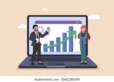 Business Professionals Analyzing Investment Data on a Laptop Screen, Discussing Market Trends and Strategies for Financial Growth and Performance Improvement.