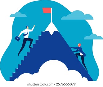 Business professionals ascend a mountain staircase toward a red flag, symbolizing career success and goal achievement. The image conveys teamwork, ambition, and perseverance in a corporate setting