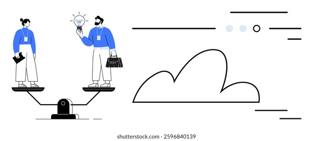 Business professionals balancing on a scale, one holding a light bulb and the other a briefcase, cloud element in background. Ideal for business decisions, work-life balance, leadership, innovation