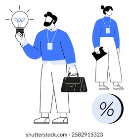 Business professionals in blue attire one man holding a light bulb and briefcase, one woman holding a clipboard, accompanied by a percentage symbol. Ideal for business strategy, teamwork, innovation