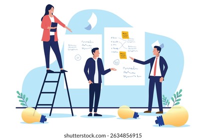 Business professionals brainstorm new ideas during a workshop, using sticky notes and whiteboards to develop innovative strategies and solutions. Flat design vector illustration on white background