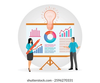 Business professionals collaborate on presentations, displaying colorful charts, graphs, and light bulbs symbolizing creativity, and ideas. With the concept of teamwork and innovation.