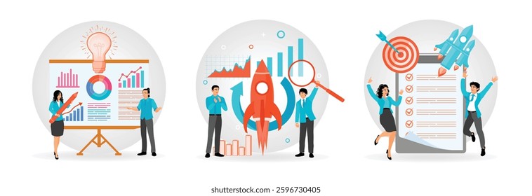Business professionals collaborate on presentations. Analyzing growth charts, and data visualization. Celebrating success  achievements and productivity. Set flat vector modern illustration 