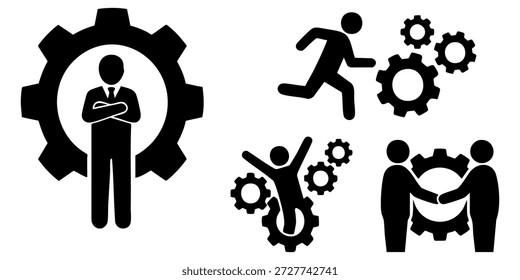 Profesionales de negocios que colaboran e intercambian ideas con engranajes y engranajes que representan el trabajo en equipo y la innovación en un entorno de trabajo moderno desde un punto de vista conceptual