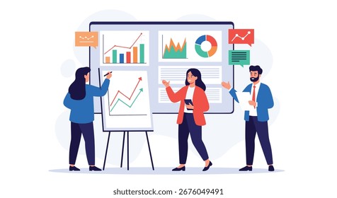 Profissionais de negócios que colaboram na análise de dados e no planejamento estratégico de crescimento