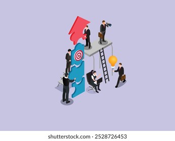 Business professionals collaborating on growth strategies while standing on an upward arrow platform 3d isometric vector illustration