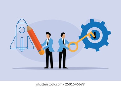 Business Professionals Collaborating on Innovative Solutions With Pencil and Key Illustrations 2d flat vector illustration