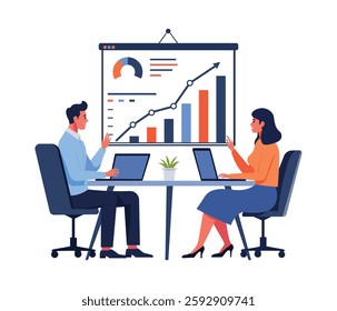 Business professionals collaborating over growth charts in a meeting. Vector illustration in flat style featuring two people analyzing business data on laptops, with charts displayed on a whiteboard.