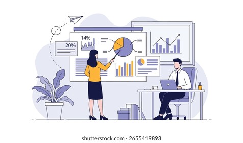 Profesionales de negocios que colaboran y presentan datos y gráficos financieros durante una reunión