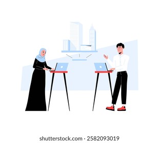 Business Professionals Collaborating at Standing Desks in Flat Vector Illustration Symbolizing Teamwork, Corporate Communication, and Remote Work, Isolated on White Background.