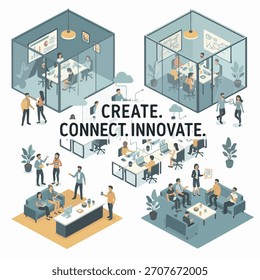 Los profesionales de negocios crean, conectan e innovan en colaboración en un entorno de oficina isométrico moderno y brillantemente ilustrado.