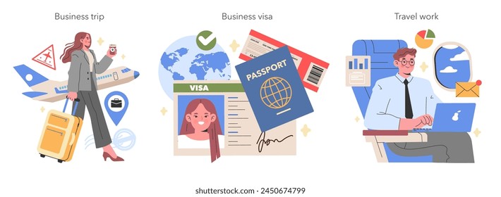 Business Professionals concept Seamless integration of travel and work, from business trips to visa arrangements and in-flight productivity Vector illustration