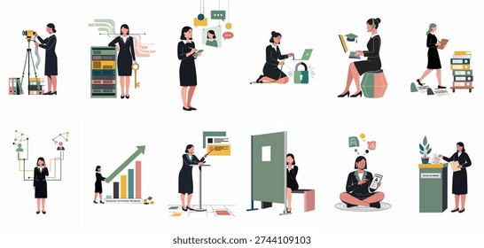 Business professionals engaged in diverse tasks including data management, security, communication, and administrative work in a modern corporate setting.