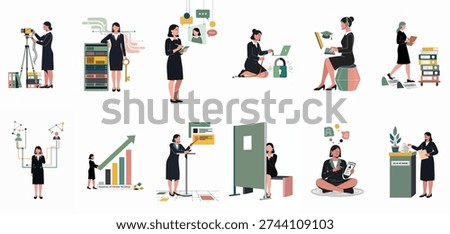 Business professionals engaged in diverse tasks including data management, security, communication, and administrative work in a modern corporate setting.