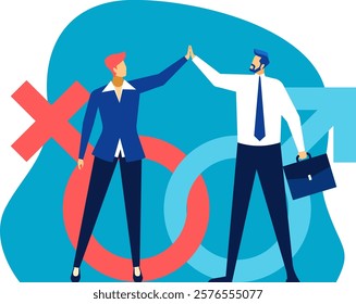 Business professionals high fiving to celebrate gender equality, symbolized by overlapping gender symbols. The image emphasizes collaboration and teamwork in a modern business environment