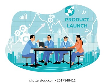 Business professionals hold a meeting to strategize a new product launch. They discuss with each other during the meeting. Flat vector illustration.
