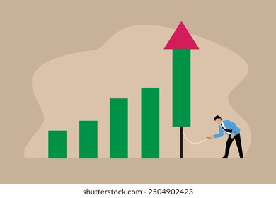 Business professionals ignite the rocket fuse growth bar chart 2d flat vector illustrations