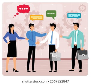 Business professionals interacting and building professional relationships, symbolizing teamwork, cooperation, and communication within a corporate environment. Flat vector modern illustration 