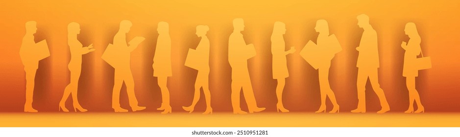 Business professionals interacting in paper cut style silhouettes on a gradient orange background depicting communication and teamwork