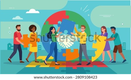 Business professionals joining giant puzzle pieces with handshake concept representing trust, collaboration, partnership, leadership, and business success.
