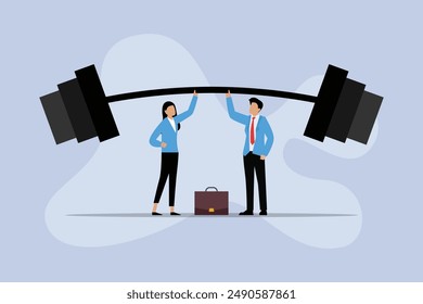 Business Professionals Lifting Large Weight Together 2d flat vector illustration