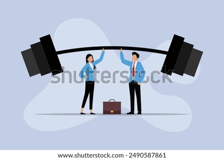 Business Professionals Lifting Large Weight Together 2d flat vector illustration