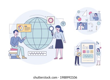 Business professionals looking at the globe, searching for global information, meeting online, viewing digital devices and analyzing data. flat design style minimal vector illustration.