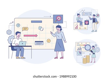 Geschäftsleute, die sich ein großes Board ansehen, Ziele setzen und Daten analysieren. minimale Vektorgrafik im flachen Design.