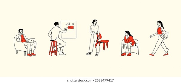 Business professionals in a modern work environment, Hand-Drawn Vector Illustration set