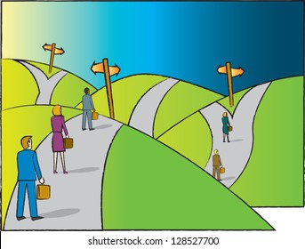 Business professionals on a road with multiple divergent paths to choose from.