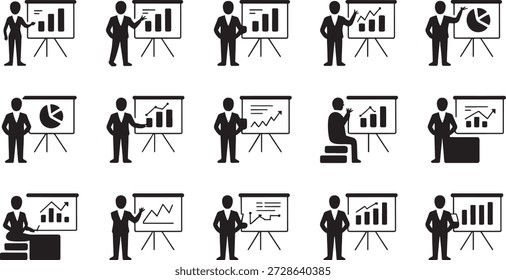 Business professionals present data on screens using charts and graphs during meetings conveying information effectively.