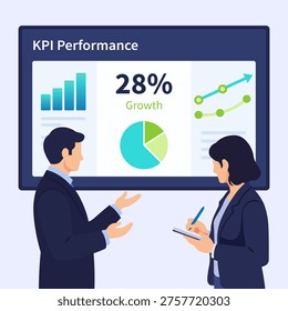 Business professionals reviewing KPI performance dashboard showing 28 percent growth. Corporate analytics meeting focused on performance metrics and business improvement strategy.