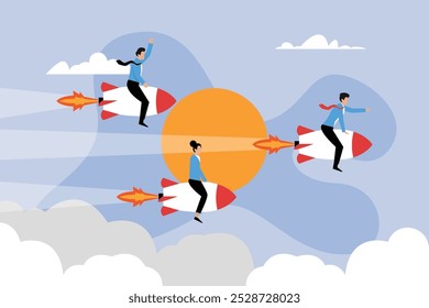 Business professionals riding rockets toward a sunlit horizon, symbolizing innovation and growth in a dynamic environment 2d flat vector illustrations