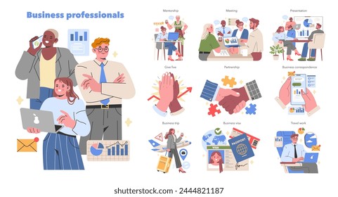 Business Professionals set Corporate teamwork and individual tasks Networking events, strategic planning sessions Diverse office life captured in vibrant scenes Vector illustration