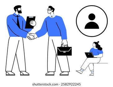 Business professionals shaking hands while holding documents and briefcase, colleague sitting with laptop, user icon in circle. Ideal for business deals, teamwork, partnership, remote work, user