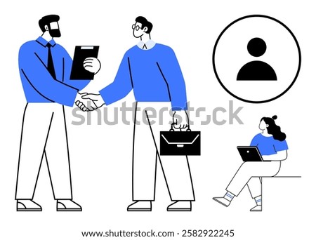 Business professionals shaking hands while holding documents and briefcase, colleague sitting with laptop, user icon in circle. Ideal for business deals, teamwork, partnership, remote work, user