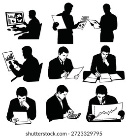 Business professionals silhouettes analyzing data, working on computers, and reviewing documents, transparent background.