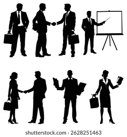 Business professionals silhouettes showcasing meetings presentations handshakes teamwork collaboration success corporate