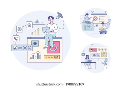 Business professionals are sitting on a web page and analyzing data. flat design style minimal vector illustration.