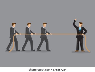 Business professionals in tug of war with three men on one side of rope and one man in command on opposite side. Vector illustration on organizational development training concept.