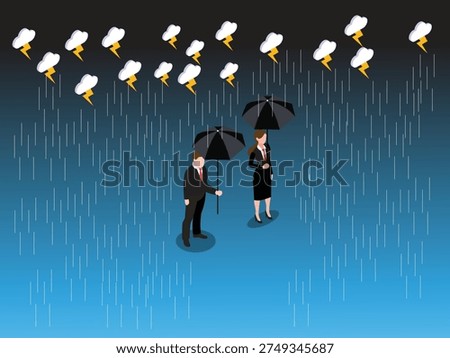 Business Professionals with Umbrellas Standing in Heavy Rain and Stormy Weather 3d isometric vector illustration
