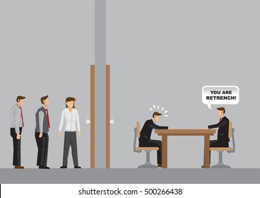 Business professionals waiting outside office. Inside office, manager informs employee about retrenchment news. Cartoon vector illustration on company restructuring exercise.