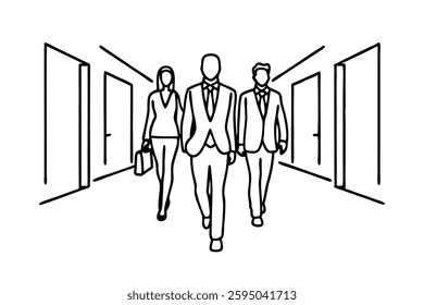 
Business professionals walking together line art flat vector illustration