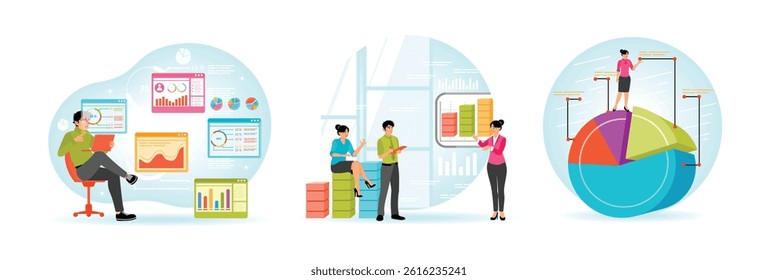 Business professionals working with digital analytics, charts, and data insights, symbolizing creativity, collaboration, and brainstorm in a corporate setting. Set flat vector illustration