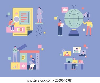 Business professionals working on data and having a video meeting. flat design style vector illustration.